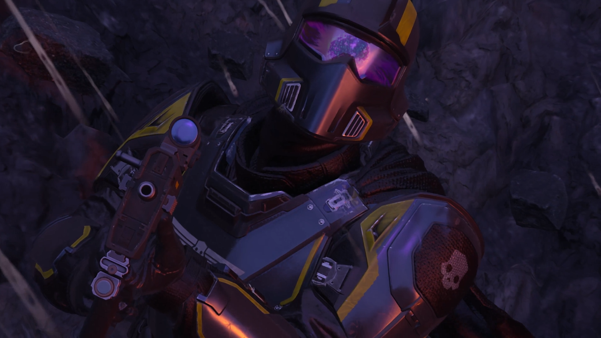 A Helldiver looks up at the sky, seeing the purple storm of an Exostorm, which is reflected in their visor.