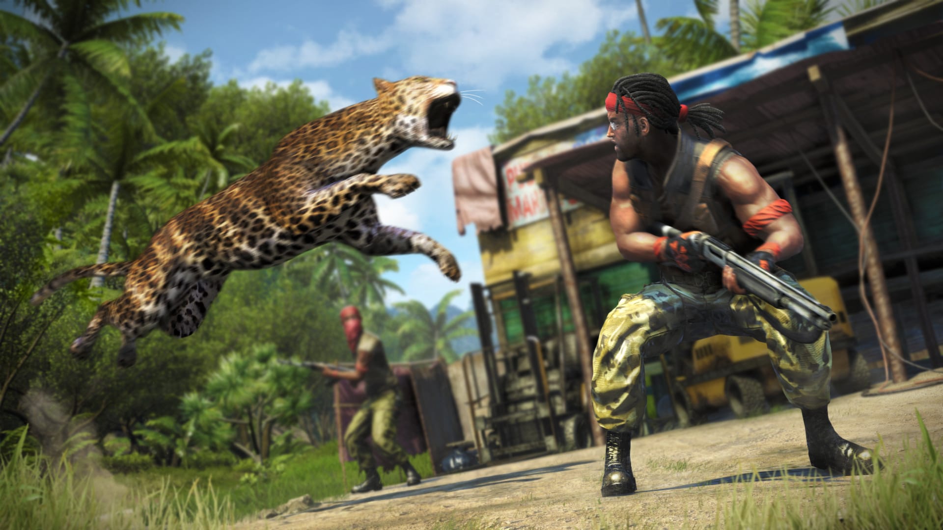 An enemy soldier in Far Cry 3 with a shotgun and baggy pants turns to see that he's being viciously attacked by a leopard.