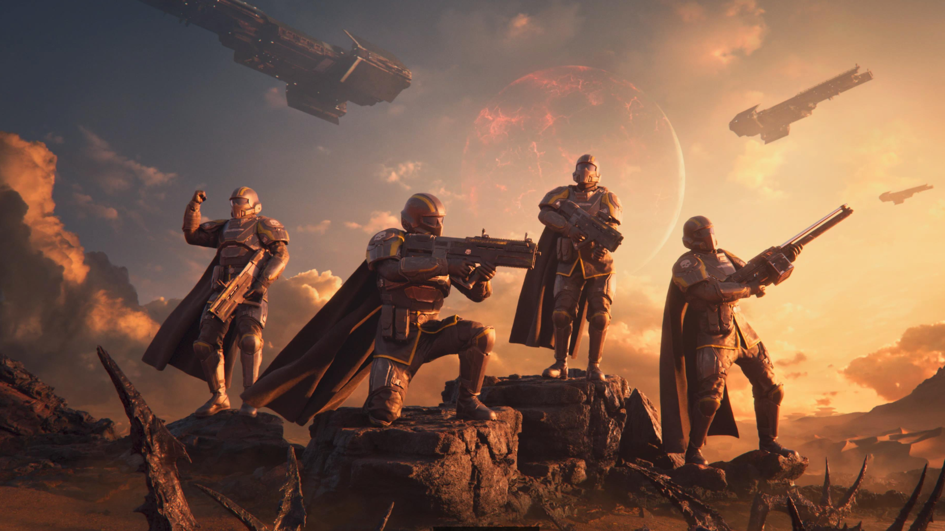 A squad of Helldivers stand victorious after a battle with Terminids in a shot from the opening cinematic from Helldivers 2