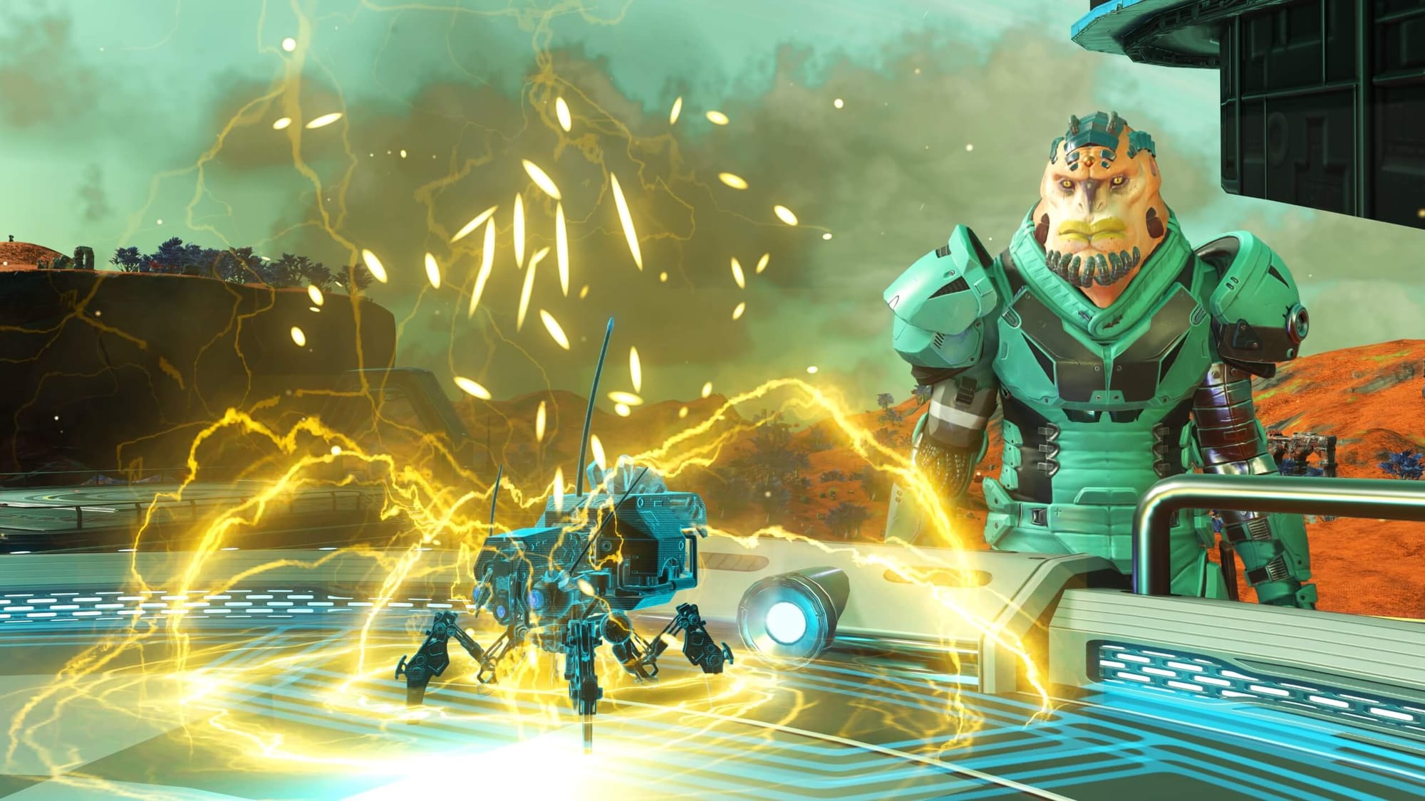 A tough looking Vy'keen alien stands in teal armor next to a battle arena, where his electric bug battle pet sends off arcs of lightning in an intimidating tactic.