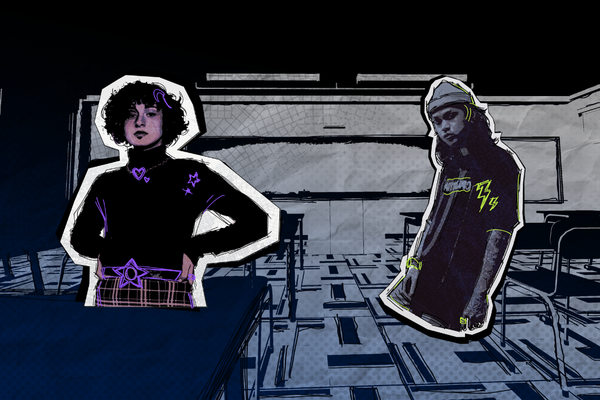 Concept art from Monsterhearts: Welcome to Drowned Lake. Two teen figures, paper cutout style, foregrounded against a classroom.