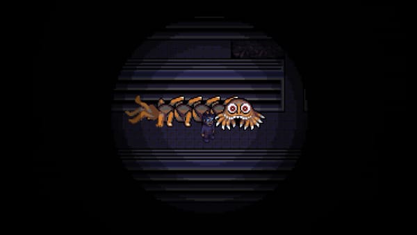 The protagonist of Look Outside, a tired looking man, stands in the hallway of his apartment building next to an enormous orange beast comprised of hands and limbs.