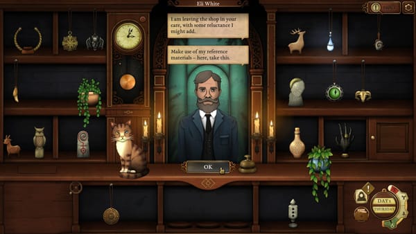 A man stands at a counter at a shop full of occult oddities