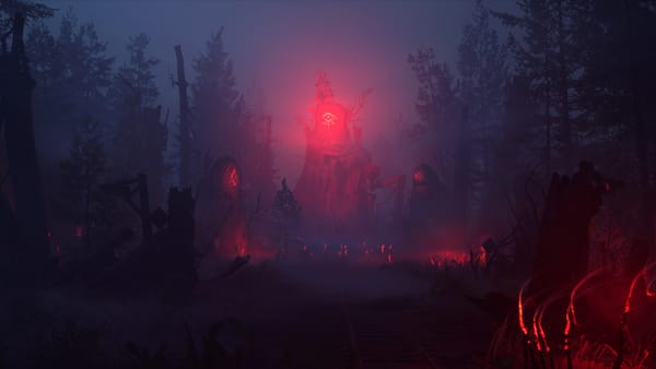 A dark forest scene is illuminated by an ominous red eye light in the middle of a makeshift structure in a promotional image for Whispers in the Woods, a new Pacific Drive expansion.