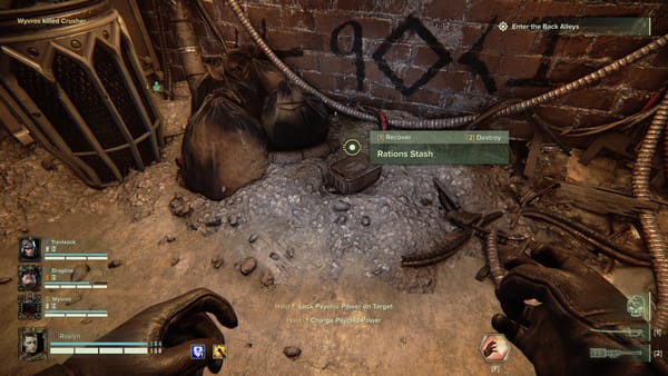 A player POV showing a tin of sitnky rations hidden in heretic territory during a mission in Warhammer 40K: Darktide