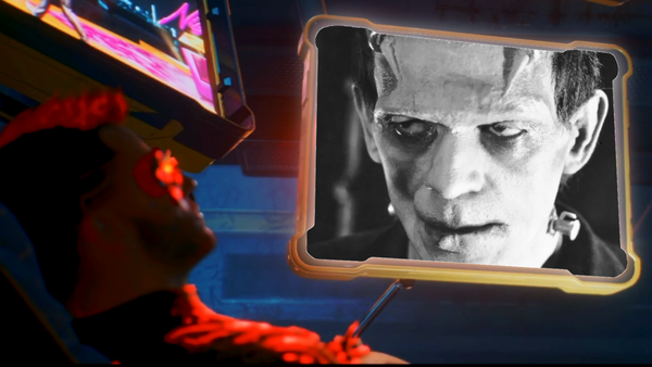 A Cyberpunk 2077 character in a chair while a floating tv screen shows Boris Karloff's Frankenstein