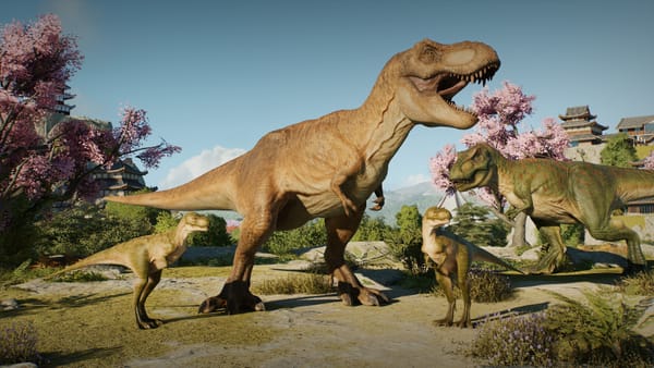 A T-Rex roars in Jurassic World Evolution 3