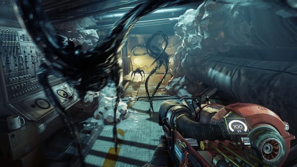 A screenshot from Prey in first-person perspective. The prtoagonist is carrying the heavy industrial gloo gun in the cramped industrial spaces of the space station Talos 1, while black inky