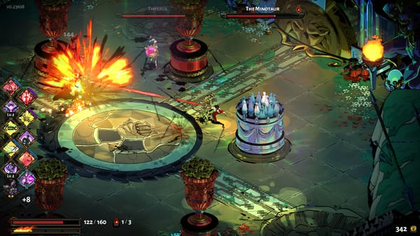 Zagreus faces off against Theseus and the Minotaur in the Elysium arena in Hades
