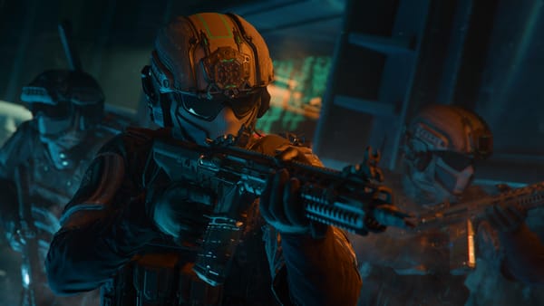 A tacticool soldier wearing full body armor aims a rifle in a promotional screenshot for Call of Duty: Black Ops 7