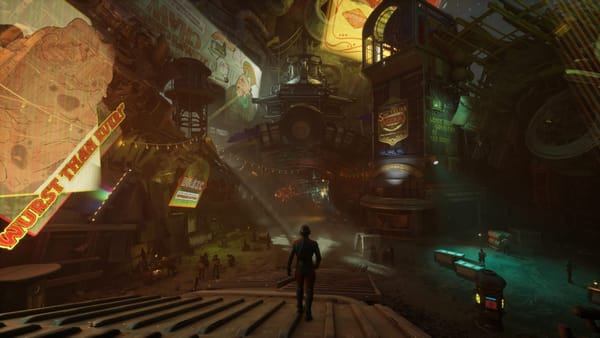 A screenshot from The Outer Worlds 2, showing the player entering the crowded underground market maintained by the smuggler group Sub Rosa.