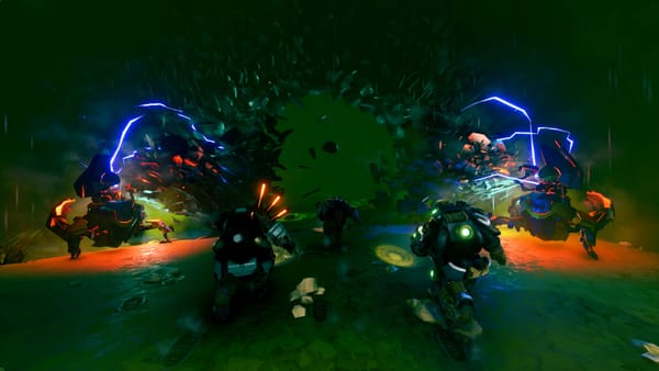 a screenshot from Deep Rock Galactic: Rogue Core, showing a team of dwarves charging through the crystal mines of Hoxxes and fighting electrically-charged foes.