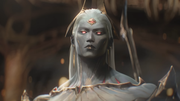 A shot of Zaahen, a Darkin and the new League of Legends champion, from the latest cinematic Twilight's End. He is a grey-skinned, beautiful man with lkong white hair swept bac