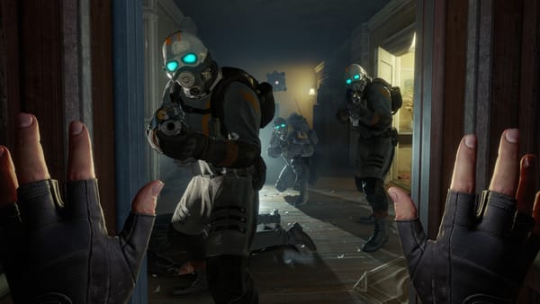 Alyx is appearing to surrender to three Combine soldiers in an abandoned apartment in a screenshot from Half-Life: Alyx