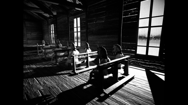 A screenshot from Horses, which shows naked people in horse masks sitting in pews of 2 in a dark room, lit by high windows.
