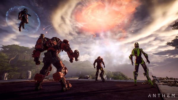 A group of mechs stare into a cataclysm in Anthem