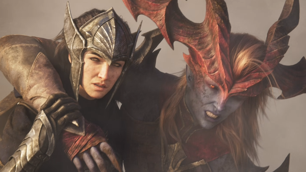 Quinn, an armored ranger, supports the half-dragon woman Shyvana after a fearsome battle in the League of Legends cinematic Salvation.