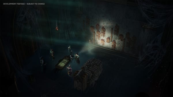A screenshot from the Dark Heresy alpha, showing an Inquisitorial squad examining a crime scene, with the flashlight resting on a collection of purity seals on a wall.