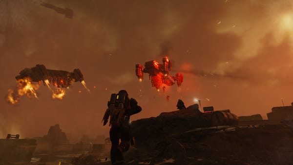 A lone Helldiver, equipped with a jump pack, jogs forward to engage with Automaton dropships that have just launched a new wave of robotic soldiers to fight.