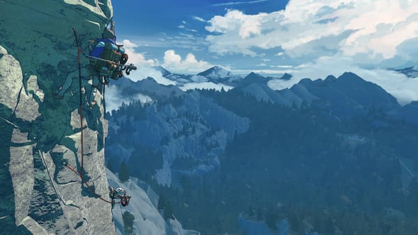 Aava, a capable climber dressed in climbing gear, makes her way up the side of Mount Kami. In the distance is a gorgeous stretch of mountains and forest.