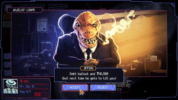 A player goes to Anjelus' Loans in Space Warlord Baby Trader. The leering dinosaur with a cigar leans forward, making an offer to "Debt bailout and 10,500 credits (but next time he gets to ki