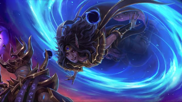 Xal'atath, a terrifying elf woman cloaked in dark greys and purples, comes out of a Void portal to talk to her Ethereal advisor.