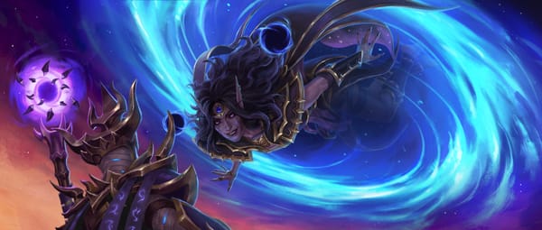 Xal'atath, a terrifying elf woman cloaked in dark greys and purples, comes out of a Void portal to talk to her Ethereal advisor.