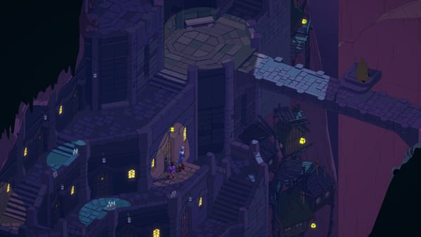 A cleric explores a city at night, cloaked in darkness except for the lit windows of residents, in a screenshot from Esoteric Ebb