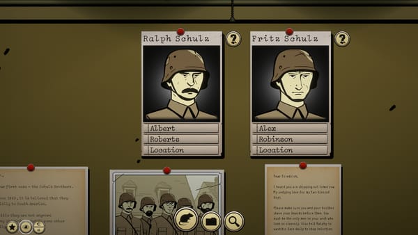 A pair of Nazis pinned to a corkboard: Ralph and Fritz Schulz. A detective has arranged evidence beneath them on a corkboard in a screenshot from The Ratline.