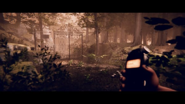 Dakota, a musician staying at a cabin in rural Appalachia, approaches an iron gate while holding a recorder in a screenshot from Project Songbird