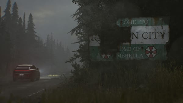 A screenshot from Resident Evil Requiem, showing a car driving into the ruins of Raccoon City.