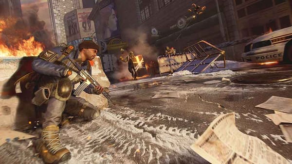 A Division agent takes cover in the snowy streets of post-apocalyptic New York while engaged in a firefight against crazed sanitation workers in a screenshot from The Division Resurgence